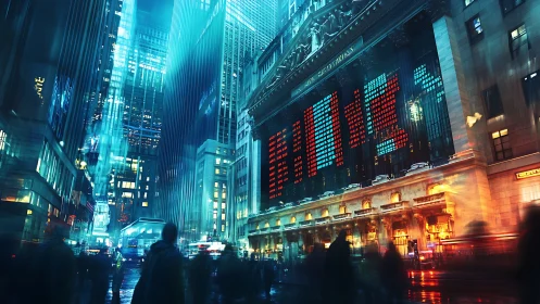 Neon drenched financial district streetscape with stock ticker glow