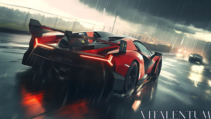 Aerodynamic hypercar sprinting through reflective storm circuit.