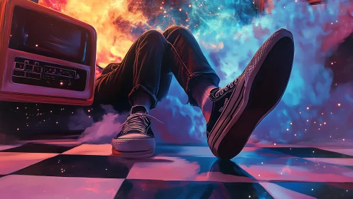 Neon vapor drift with retro TV and cinematic sneaker closeup.