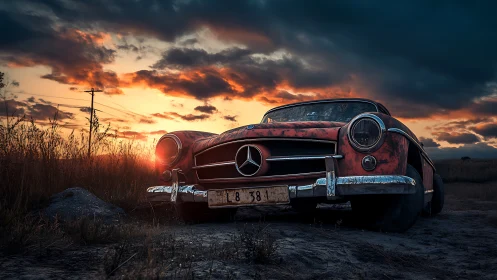 Weathered classic coupe rendered in cinematic sunset backlighting