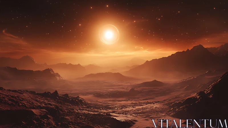 Alien desert valley under blazing twin-ringed sun