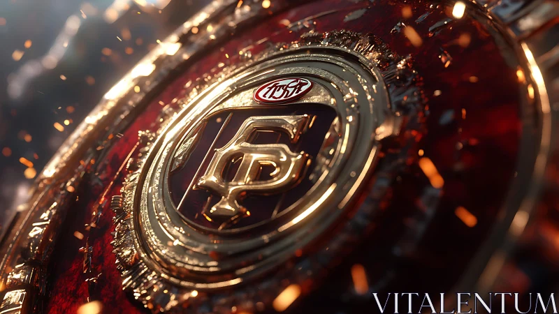 Metallic emblem closeup with gold crest and sparks.