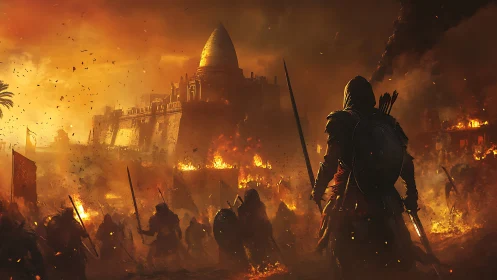 Cloaked warrior before burning citadel in cinematic concept art.