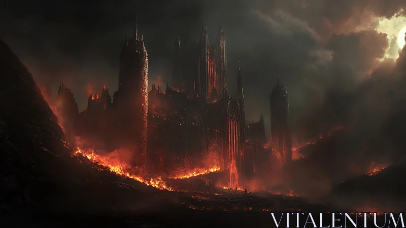 Gothic Cathedral Engulfed in Apocalyptic Flames and Smoke
