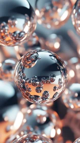 Chrome liquid spheres with suspended bubbles in focus.