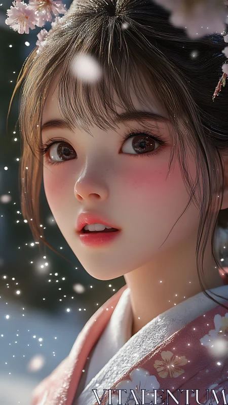 Anime girl in pink kimono under falling cherry blossoms.