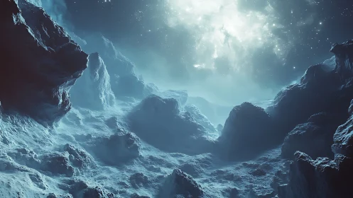 Icy extraterrestrial terrain under dense stellar light field.