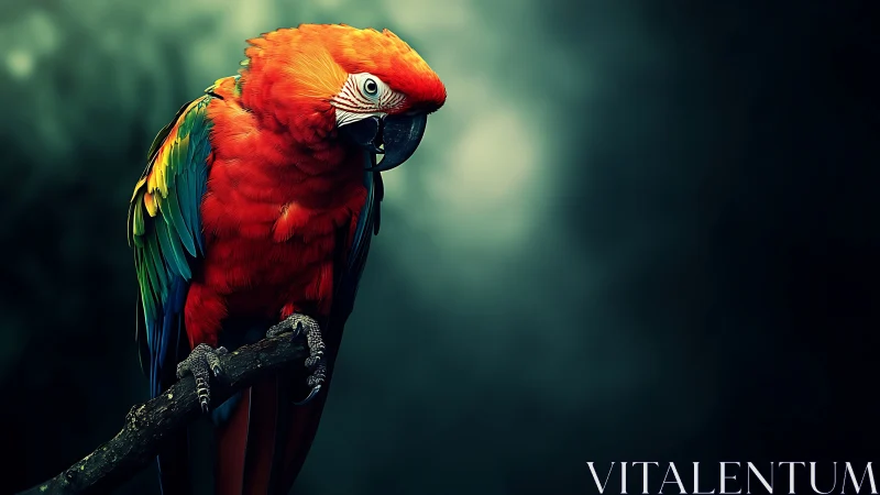 Vibrant Scarlet Macaw on Branch in Dramatic Lighting, Photorealistic.