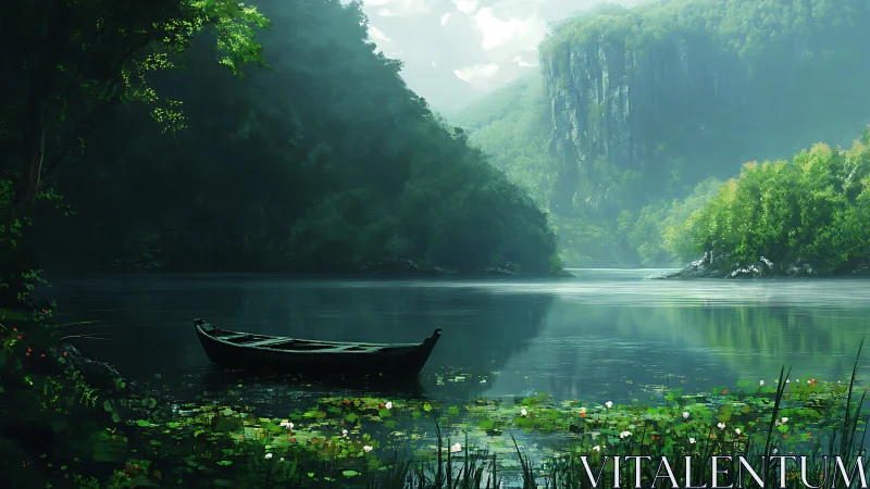 Wooden rowboat rests on calm river amid dense green cliffs