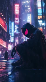 Hooded vigilante crouches in neon city rain, veiled in mystery