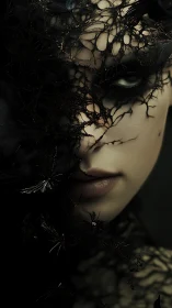 Dark veiled portrait with organic webbed lace shroud.