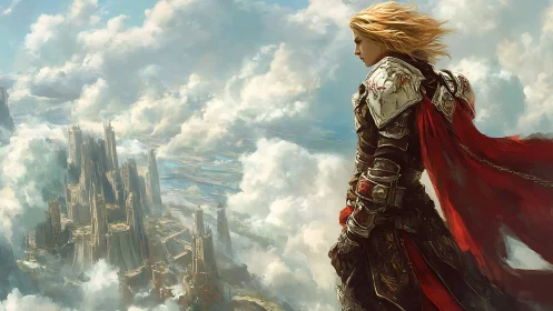 Skyward guardian watching a drifting kingdom of clouds.