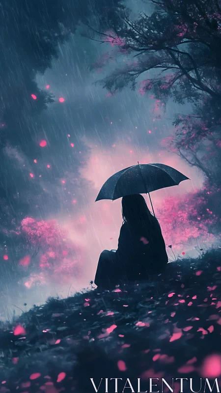 Silhouetted figure sits under umbrella in rainy pink-lit forest