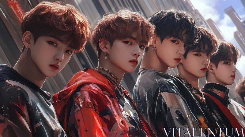 Stylized boy band line-up in glossy streetwear coats.