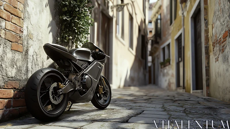 Midnight-black cafe racer pauses thoughtfully in a sunlit alley
