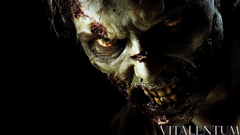 Grotesque zombie close-up under harsh side lighting.