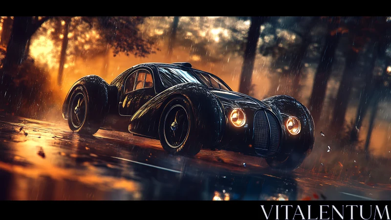 Rain-slicked retro supercar prowls through ember-lit forest