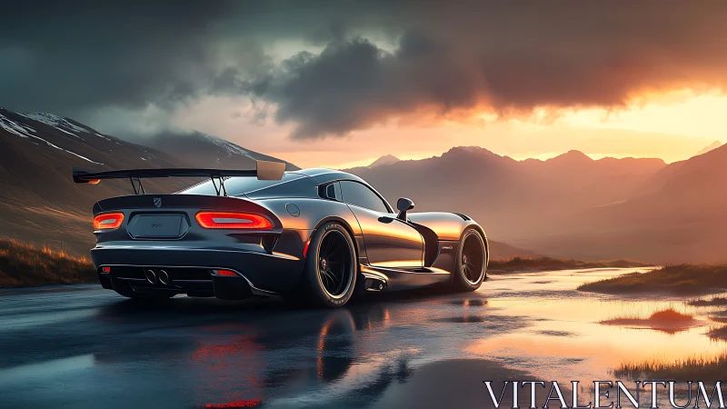 Track-ready silver supercar on wet mountain pass at sunset