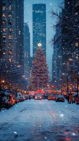 Snow-dusted avenue crowns its skyline with a glowing tree