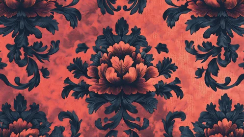 Floral damask motif with dark leaves on textured coral ground.