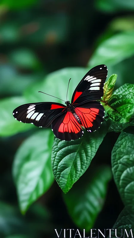 Scarlet-banded butterfly poised on lush green foliage.