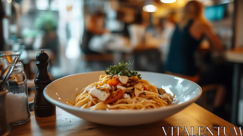 Pasta dish on wooden table in casual dining restaurant.
