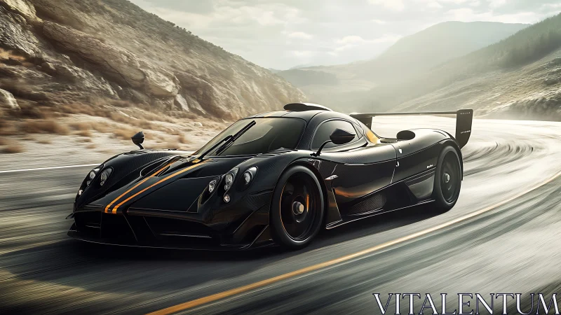 Carbon fiber track hypercar cornering on mountain pass