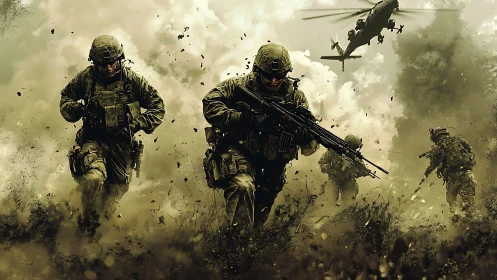 Armed soldiers advance through smoky battlefield under helicopter