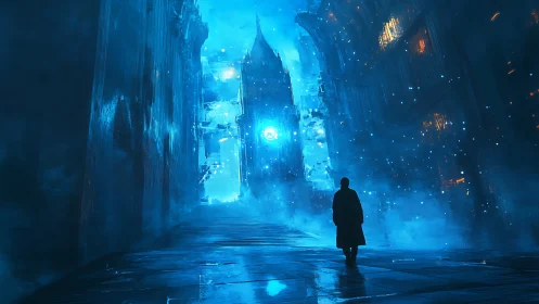 Backlit solitary figure in volumetric blue sci fi corridor depth