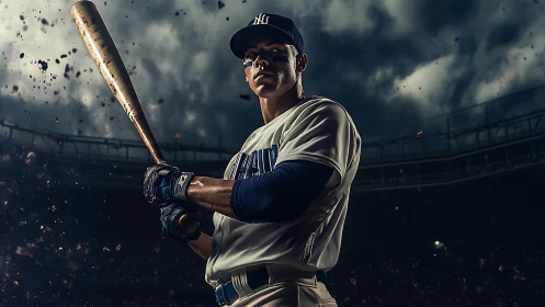 Baseball player holding bat in stadium under dark clouds.