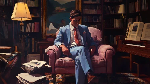 Quiet evening reflections in a velvet-lit reading room.