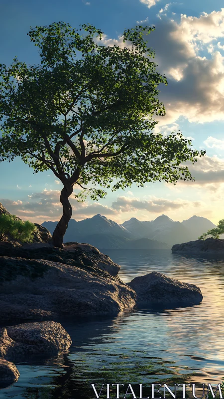 Tree stands on rocky lakeshore against distant snowy mountains