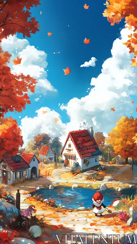 Autumn village pond under vivid cobalt sky with clouds.