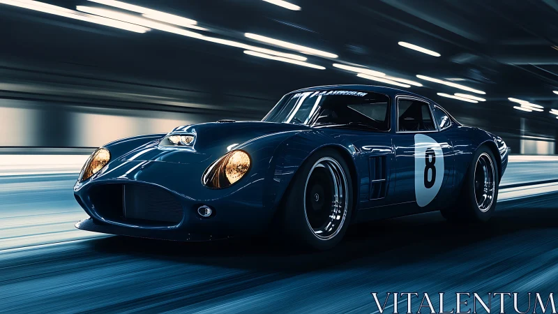 Midnight blue classic race car surging through city lights.