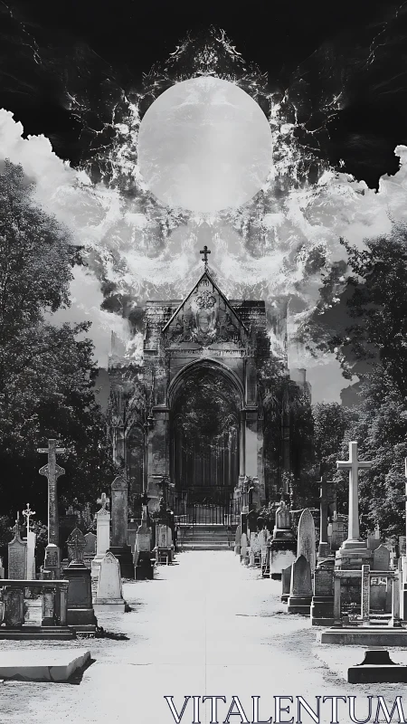 Moonlit necropolis under a shattering celestial halo.