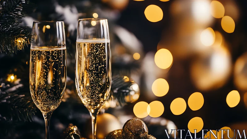 Sparkling champagne flutes glow amid golden holiday lights
