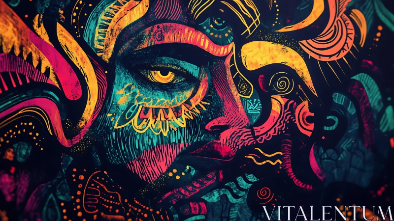 Neon abstract portrait radiates swirling tribal energy