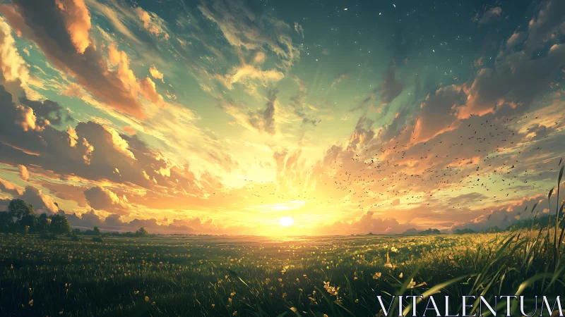 Sunset over open grassland with clouds and distant trees.