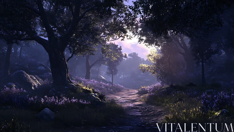 Forested landscape with illuminated pathway through misty woodland terrain.