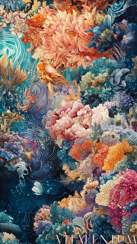 Luminous coral universe swirls through a dreamlike oceanscape.