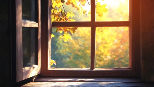 Golden autumn light pouring through a rustic open window.
