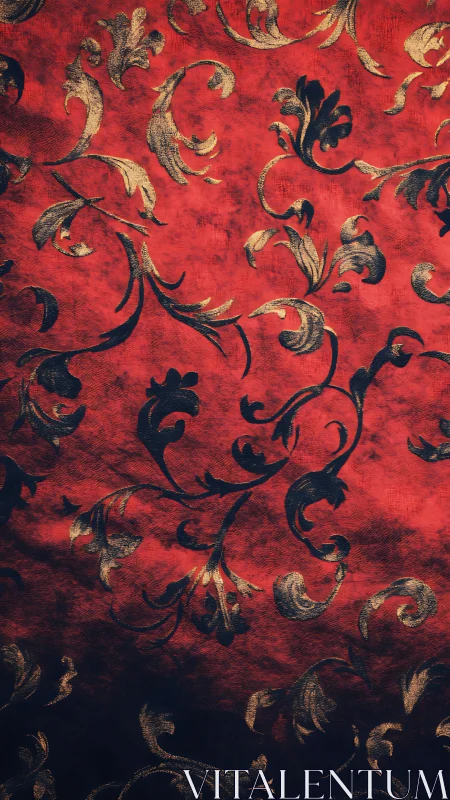 Baroque floral scrollwork over distressed crimson ground.
