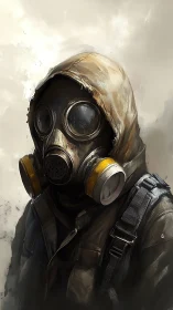 Hooded wanderer in gas mask waits in a silent toxic haze