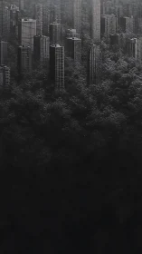 Monochrome high-rise forest overgrowth in vertical composition.