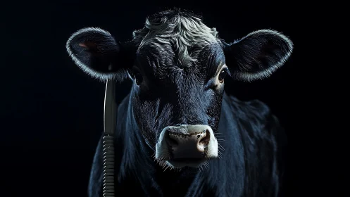 Curious cow listens closely with a dangling phone receiver