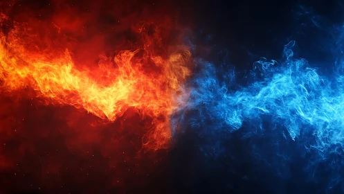 Fiery Red Versus Cool Blue Abstract Flames in High Contrast Art.