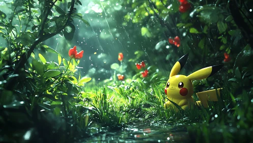 Pikachu watches soft rain fall inside lush forest clearing