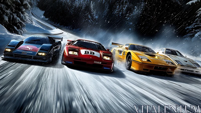 Four racing supercars sliding fast on a snowy forest road.
