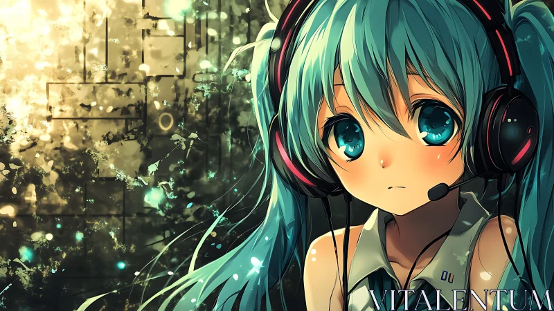 Binaural anime vocalist in luminous data-scape environment.