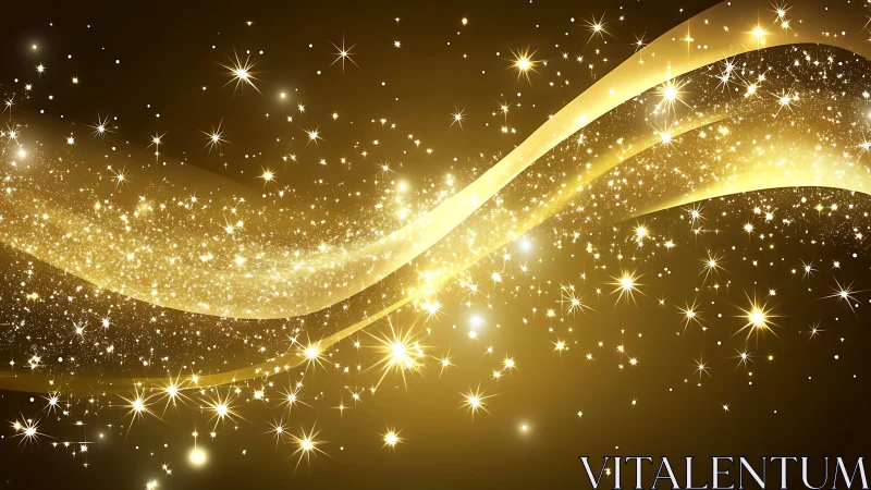 Gold light waves curve across dense star-like particle field.